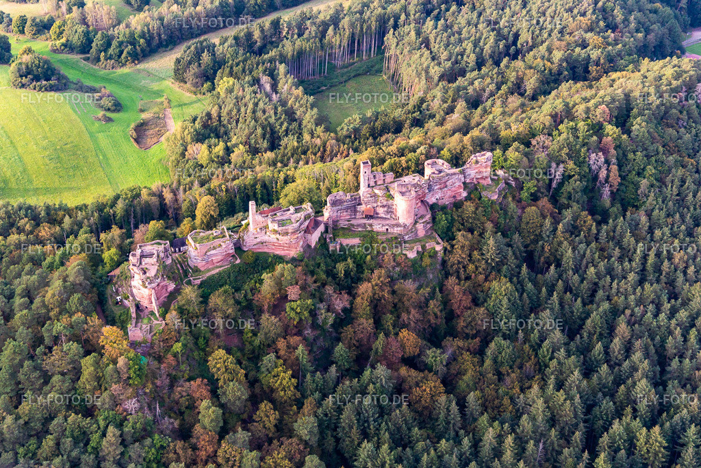 Burgenmassiv Altdahn mit den Burgruinen Grafendahn und Tanstein https://www.burgenlandschaft-pfalz.de/ | Luftbild: Burgenmassiv Altdahn mit den Burgruinen Grafendahn und Tanstein https://www.burgenlandschaft-pfalz.de/ in Dahn im Bundesland Rheinland-Pfalz in Deutschland. Foto: IMG_139018.jpg vom 30.09.2023 durch ©2025 Werner Riehm fly-foto.de/copyright - Realisiert mit Pictrs.com