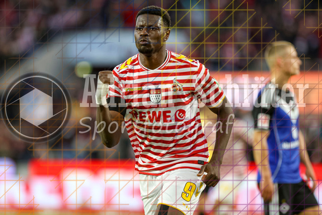 1. FC Köln vs Hamburger SV - 1. Bundesliga  | Köln, Deutschland, 02.11.25:   Ragnar Ache (1. FC Köln) Torjubel, jubelt nach seinem Treffer zum 1:0 waehrend des Spiels der Bundesliga zwischen  1. FC Köln vs Hamburger SV in der RheinEnergieStadion(Foto von Brauer-Fotoagentur / Adrian Schlueter)