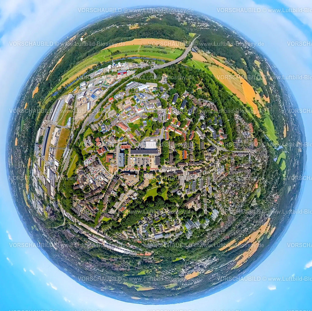 Hattingen230790260_Welper | Luftbild, Ortsansicht Ortsteil Welper, Erdkugel, Fisheye Aufnahme, Fischaugen Aufnahme, 360 Grad Aufnahme, tiny world, Welper, Hattingen, Ruhrgebiet, Nordrhein-Westfalen, Deutschland