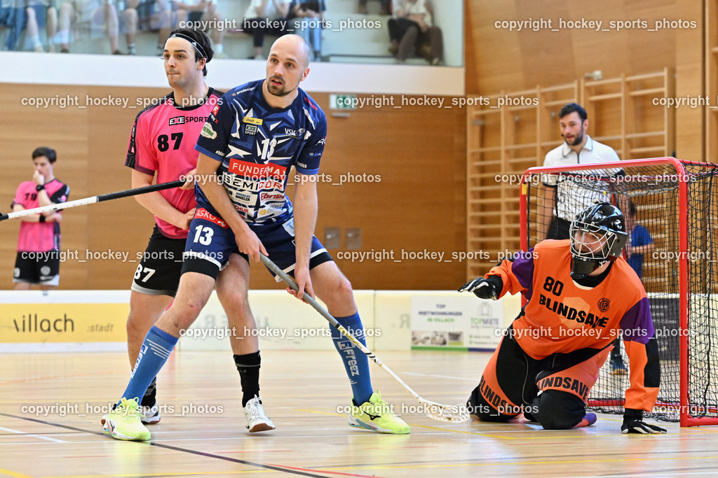 VSV Unihockey vs. Wiener Floorball Verein | #87 Christian Lindquist Wiener Floorballverein, #13 Jan Sláma VSV Unihockey, #80 BEZUCHA Bernhard Wiener Floorballverein, VSV Unihockey vs. Wiener Floorball Verein, VSV Unihockey vs. Wiener Floorball Verein am 18.05.2025 in Villach (Ballspielhalle St. Martin), Austria, (Photo by Bernd Stefan)
