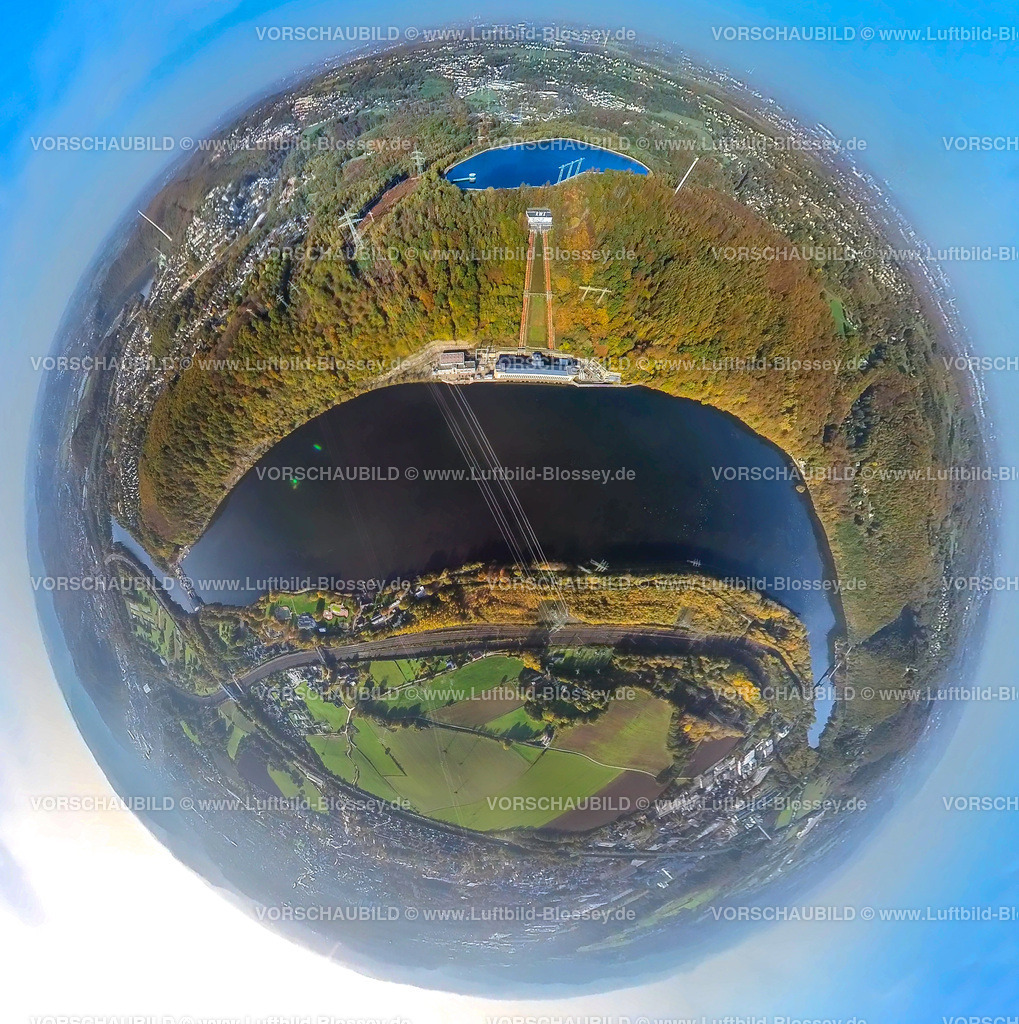 Herdecke221020007Hengsteysee1 | Luftbild, Hengsteysee, Koepchenwerk und Speicherbecken, Waldgebiet Ardeygebirge in Herbstfarben, Fisheye Aufnahme, Fischaugen Aufnahme, 360 Grad Aufnahme, Herdecke, Ruhrgebiet, Nordrhein-Westfalen, Deutschland