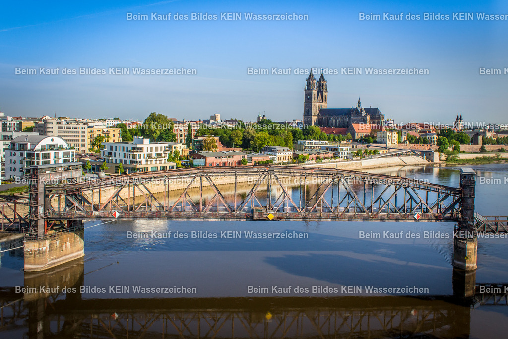 Hubbrücke über Elbe Rtg Dom 2015-1923 | Das Luftbild zeigt die historische Hubbrücke in Magdeburg aus einer Drohnenperspektive an einem sonnigen Sommertag. Im Mittelpunkt der Aufnahme steht der markante anhebbare Mittelteil der Brücke, dessen genietete Stahlfachwerkkonstruktion die Ingenieurkunst des frühen 20. Jahrhunderts eindrucksvoll widerspiegelt. Aus der Vogelperspektive werden Aufbau und Funktion des beweglichen Brückensegments besonders gut erkennbar.Der bewegliche Mittelteil der Hubbrücke ist 90 Meter lang und wiegt rund 450 Tonnen. Mithilfe eines ausgeklügelten Gegengewichtssystems konnte er um 2,87 Meter angehoben werden, sodass Schiffe auch bei erhöhtem Wasserstand die Elbe sicher passieren konnten. Die gesamte Brücke besitzt eine Länge von 220 Metern und zählt zu den ältesten erhaltenen Hubbrücken Deutschlands.Die Drohnenaufnahme verdeutlicht die außergewöhnliche Konstruktion des beweglichen Brückenteils und die präzise Stahlbauweise mit ihren charakteristischen Fachwerkträgern. Das Luftbild dokumentiert eindrucksvoll die technische Bedeutung der Magdeburger Hubbrücke und zeigt eines der bedeutendsten Ingenieurbauwerke der Stadt aus einer außergewöhnlichen Perspektive. - Realisiert mit Pictrs.com