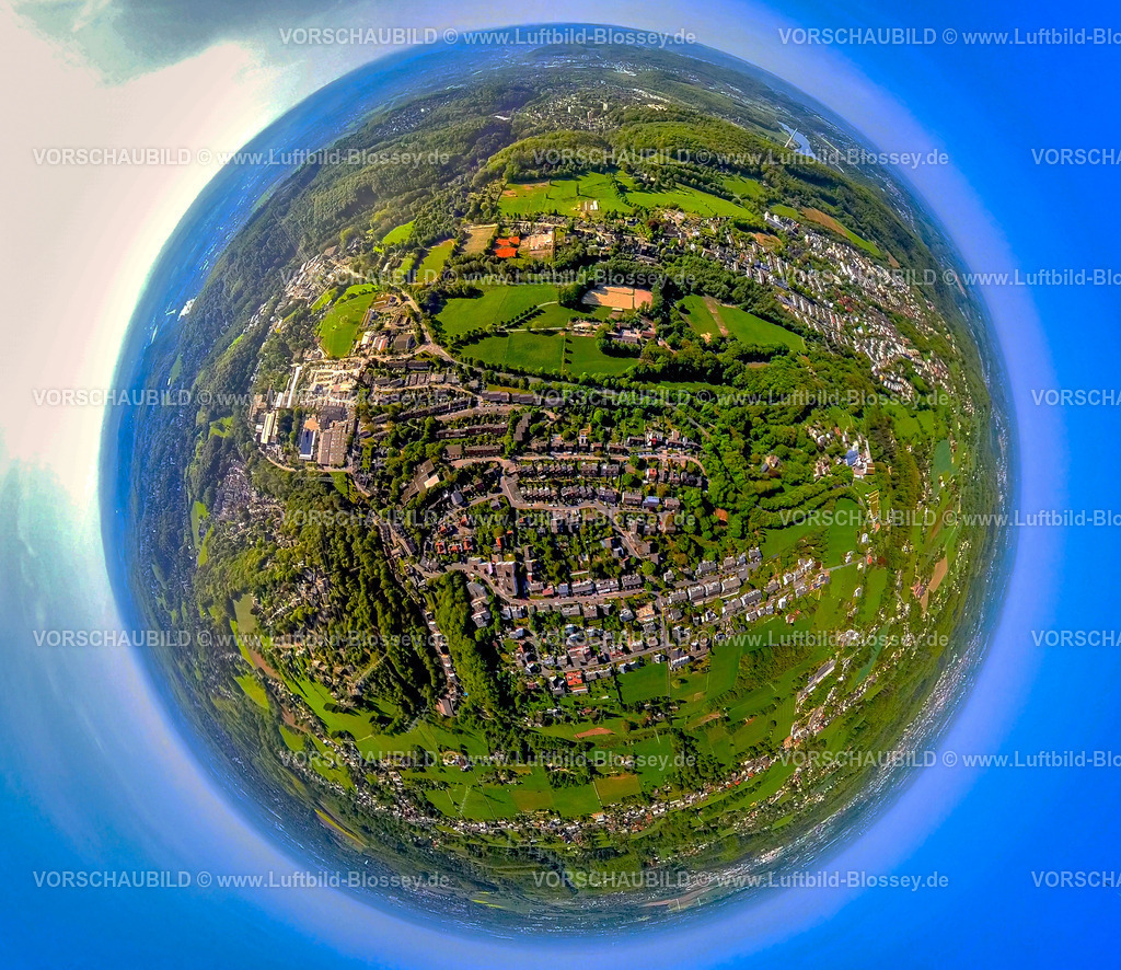 Herdecke240590175Westende | Luftbild, Wohngebiet Schraberg Ortsansicht Ortsteil Westende, Wiesen und Felder, gewerbegebiet, Loerfeld, Erdkugel, Fisheye Aufnahme, Fischaugen Aufnahme, 360 Grad Aufnahme, tiny world, little planet, fisheye Bild, Ostende, Herdecke, Ruhrgebiet, Nordrhein-Westfalen, Deutschland