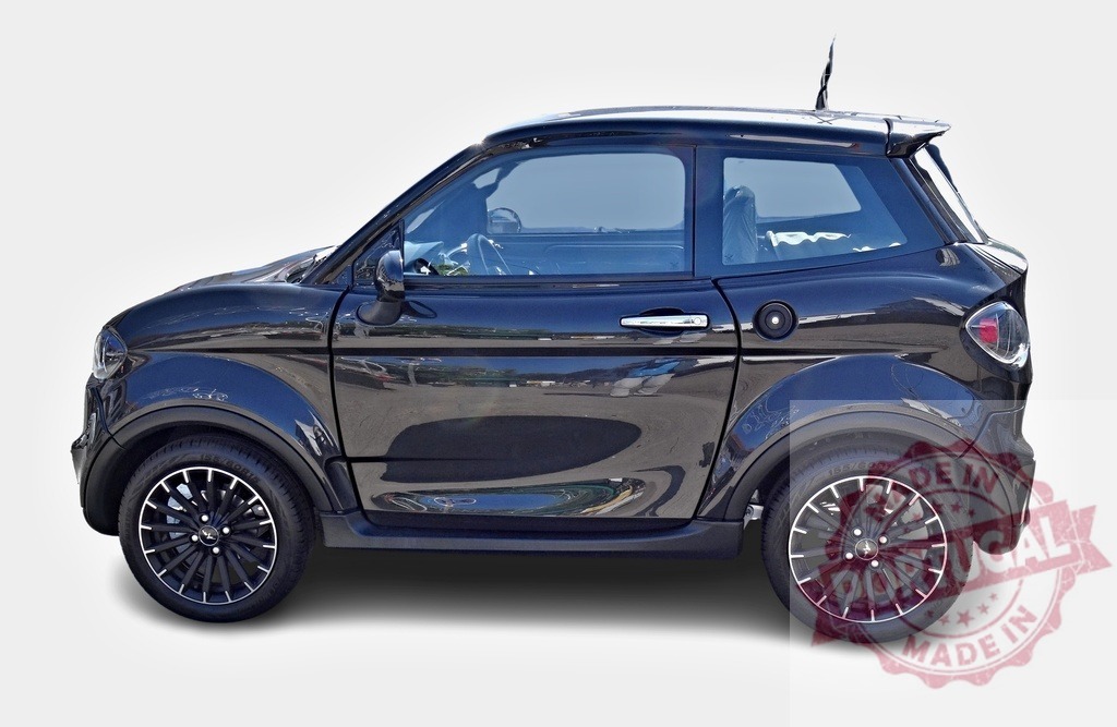 Small black electric car parked, promoting sustainable transportation | Side view of a compact electric vehicle, highlighting eco-friendly personal mobility - Realisiert mit Pictrs.com