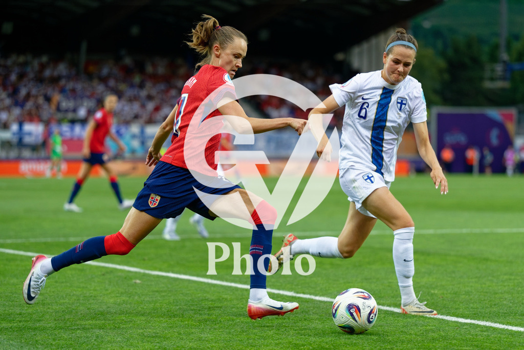 Norway v Finland - UEFA Women's EURO 2025 Group A | SION, SWITZERLAND - JULY 6: Caroline Graham Hansen of Norway (L) and Joanna Tynnila of Finland (R) fight for possession  during the UEFA Womens EURO 2025 Group A match between Norway and Finland at Stade de Tourbillon on July 6, 2025 in Sion, Switzerland. (Photo by Giuseppe Velletri/Sports Press Photo/Getty Images)