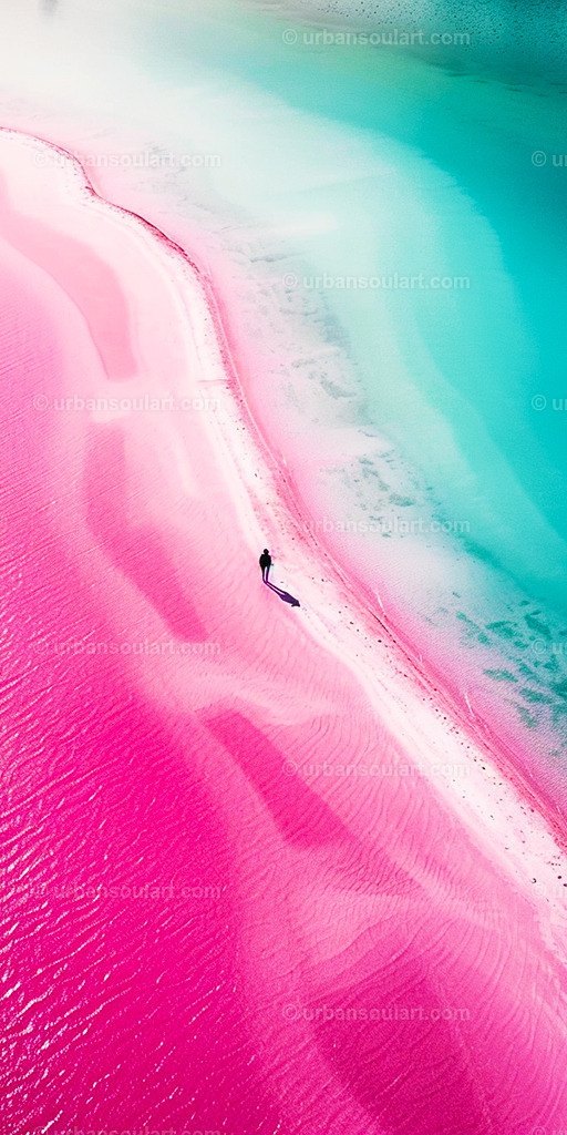 Cross Walker On Sandbank Between Pink Lake and Tropic Ocean | A breathtaking aerial view of a person walking on a sandbank between a pink lake and turquoise ocean. Ideal for beach lovers and nature-inspired interiors. - Realisiert mit Pictrs.com