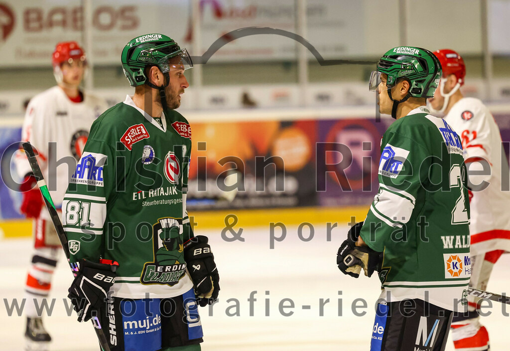 2023-10-20_110_TSV_Erding_gegen_EHC_Klostersee | Erding, Deutschland, 20.10.2023:.Eishockey, Bayernliga Vorrunde 2023 / 2024, 2. Spieltag, TSV Erding gegen EHC Klostersee, Endergebnis: 7:2..Maximilian Forster (Erding Gladiators, #81), Mark Waldhausen (Erding Gladiators, #27)..Foto: Christian Riedel / fotografie-riedel.net