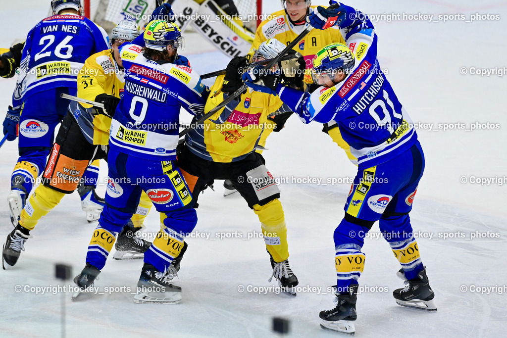 EC IDM WÄRMEPUMPEN VSV vs. Vienna Capitals | #91 Nick Hutchison EC VSV, #9 Alexander Rauchenwald EC VSV, #37 René Swette EC VSV, #3 Armin Preiser Vienna Capitals, #26 Guus van Nes EC VSV, EC IDM WÄRMEPUMPEN VSV vs. Vienna Capitals, EC IDM WÄRMEPUMPEN VSV vs. Vienna Capitals am 16.11.2025 in Villach (Stadthalle Villach), Austria, (Photo by Bernd Stefan)