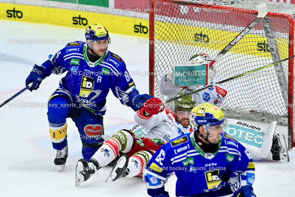 EC VSV vs. HC Bozen 16.2.2024 | #84 Andrew Desjardins, #38 Harvey Sam, EC VSV vs. HC Bozen 16.2.2024, EC VSV vs. HC Bozen 16.2.2024 am 16.02.2024 in Villach (Stadthalle Villach), Austria, (Photo by Bernd Stefan)