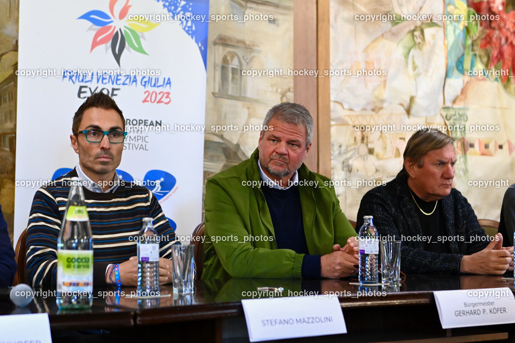 European Youth Olympic Festival EYOF 2023 Pressekonferenz | Stefano Mazzolini, Bürgermeister Spittal an der Drau Gerhard Köfer, Giorgio Brandolin