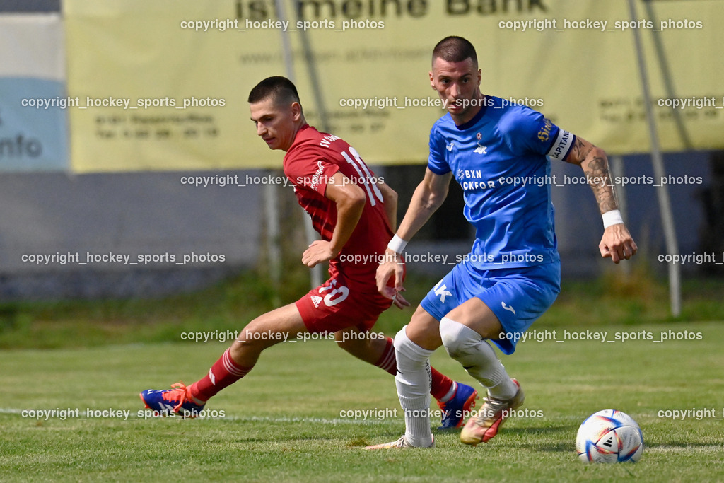 SV St.Jakob vs. SAK | #10 Mario Marjanovic St.Jakob, #24 Zoran Vukovic SAK, SV St.Jakob vs. SAK, SV St.Jakob vs. SAK am 23.08.2024 in St. Jakob im Rosenthal (Sportplatz St. Jakob), Austria, (Photo by Bernd Stefan)