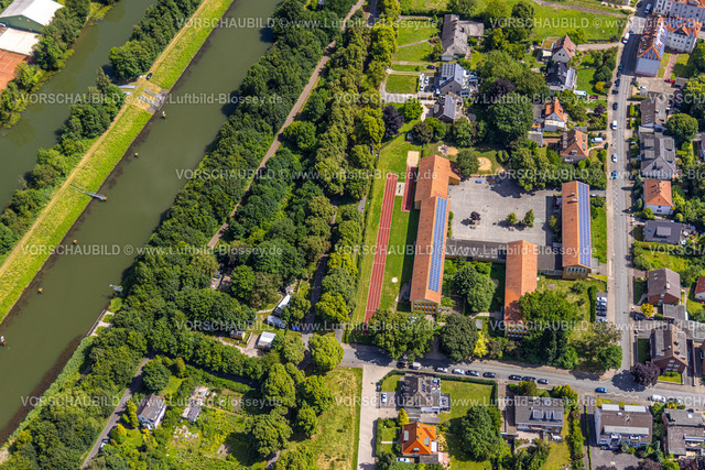 Hamm240706688 | Luftbild, Theodor-Heuss-Schule am Datteln-Hamm-Kanal, Pier9-Tiny House Hotel und grüne Bäume, Mitte, Hamm, Ruhrgebiet, Nordrhein-Westfalen, Deutschland