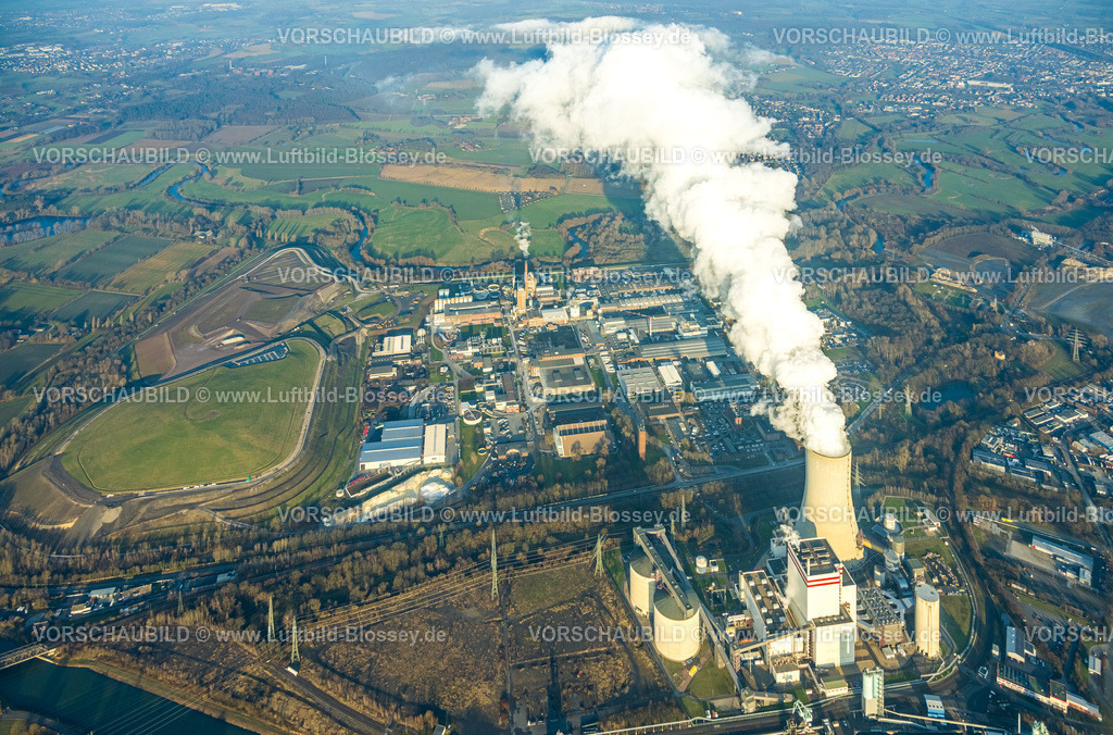 Luenen260101671 | Luftbild, Trianel Kohlekraftwerk Lünen, Gewerbegebiet In den Telgen, Remondis Werksgelände, Kühlturm Lünen Stummhafen mit Dampfwolke, am Datteln-Hamm-Kanal, Lippholthausen, Lünen, Ruhrgebiet, Nordrhein-Westfalen, Deutschland