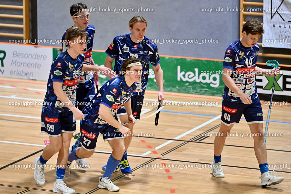 KAC Floorball vs. VSV Unihockey | #44 Luca Widnig VSV Unihockey, #27 Lukas Florianschitz VSV Unihockey, #59 Nino Forelli VSV Unihockey, #29 Anze Brajic VSV Unihockey, KAC Floorball vs. VSV Unihockey, KAC Floorball vs. VSV Unihockey am 21.03.2026 in Klagenfurt (Ballspielhalle Waidmannsdorf), Austria, (Photo by Bernd Stefan)