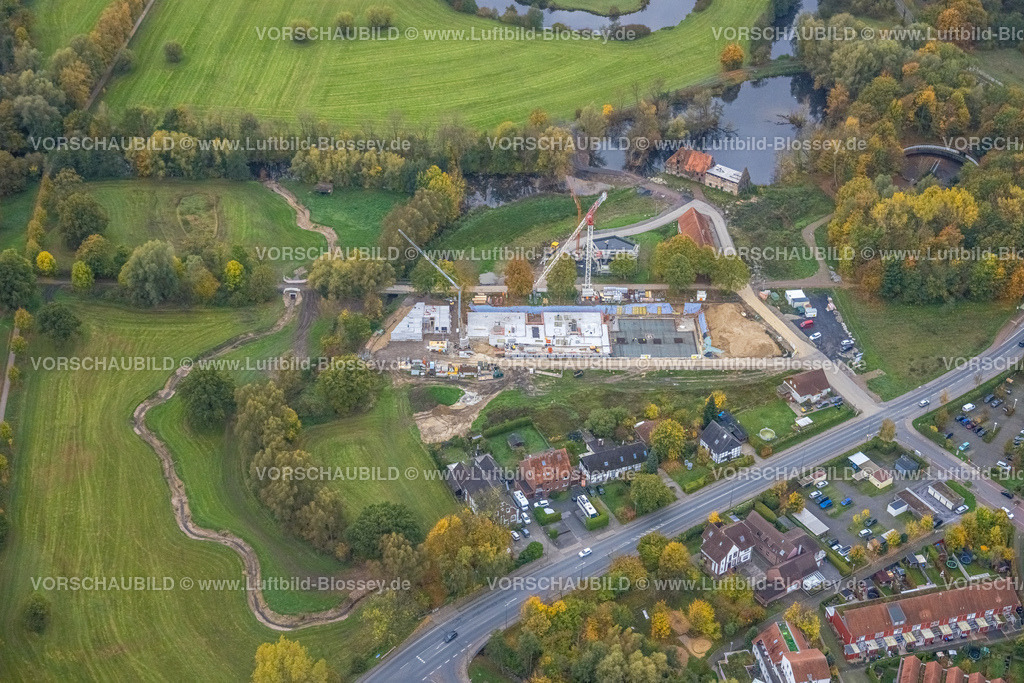 Hamm221011793 | Luftbild, Baustelle und Neubau, Schlossmühle am Mühlengraben und Mühlenteich, Heessen, Hamm, Ruhrgebiet, Nordrhein-Westfalen, Deutschland