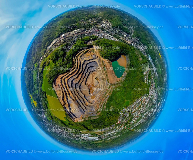 Hagen240590260Hohenlimburg_SteinbruchOeger-Steltenberg | Luftbild, Steinbruch Steltenberg, Hohenlimburger Kalkwerke, Ortsteil Oege, Erdkugel, Fisheye Aufnahme, Fischaugen Aufnahme, 360 Grad Aufnahme, tiny world, little planet, fisheye Bild, Hohenlimburg, Hagen, Ruhrgebiet, Nordrhein-Westfalen, Deutschland