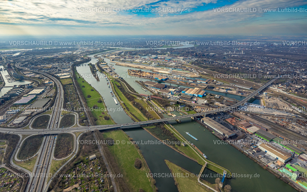Duisburg240304210 | Luftbild, Duisport - Duisburger Hafen, Fluss Ruhr und Autobahn A59 und A40 Kreuz Duisburg mit Berliner Brücke, Mittelmeiderich, Duisburg, Ruhrgebiet, Nordrhein-Westfalen, Deutschland, Duisburg-N