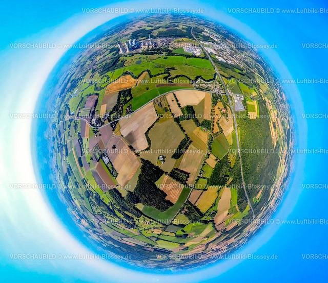 Hamm240890502SchmehauserMerschKraftwerkRWE-Westfalen | Luftbild, RWE Kraftwerk Westfalen, umgeben von Wiesen und Feldern, Erdkugel, Fisheye Aufnahme, Fischaugen Aufnahme, 360 Grad Aufnahme, tiny world, little planet, fisheye Bild, Uentrop, Hamm, Ruhrgebiet, Nordrhein-Westfalen, Deutschland
