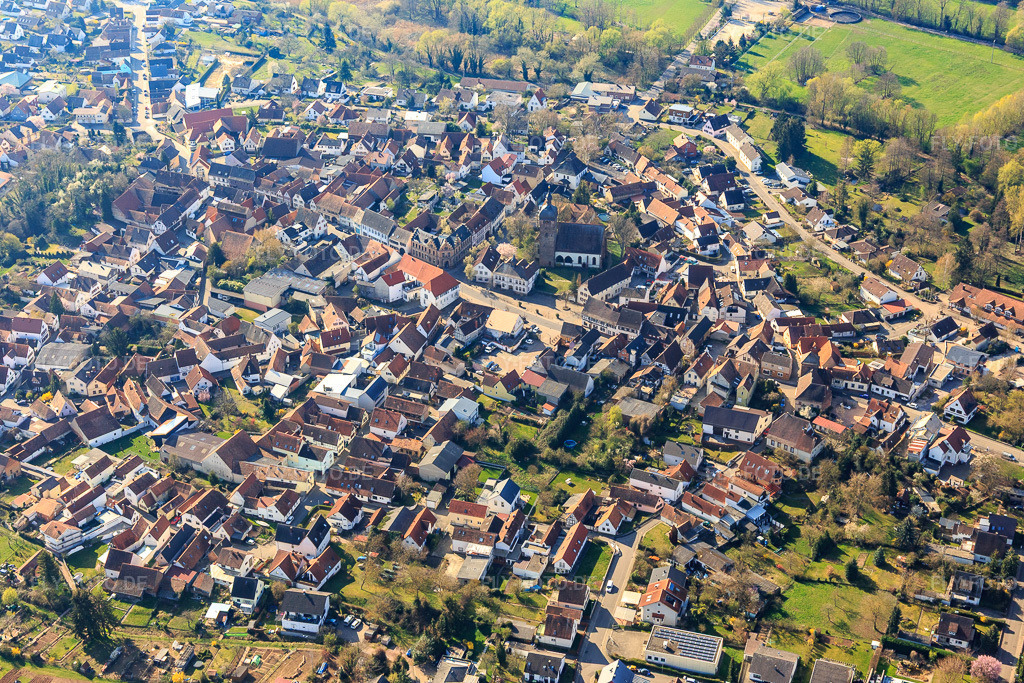 Luftbild: Ortsansicht von Norden im Ortsteil Billigheim in Billigheim-Ingenheim im Bundesland Rheinland-Pfalz in Deutschland. Foto: IMG_113303.jpg vom 30.03.2019 durch Werner Riehm/FLY-FOTO.de