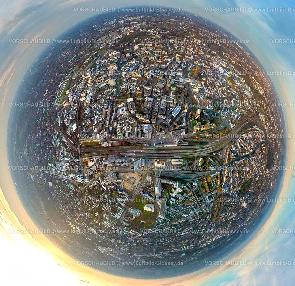 Essen2301fish0009CityMitteKettwiger | Luftbild, City Essen, Kettwiger Straße, Hauptbahnhof Essen, Fisheye Aufnahme, Fischaugen Aufnahme, 360 Grad Aufnahme, Stadtkern, Essen, Ruhrgebiet, Nordrhein-Westfalen, Deutschland