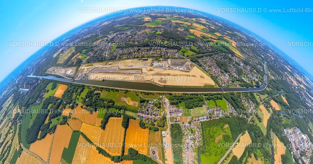 Bergkamen230790059_WasserstadtAden | Luftbild, Wasserstadt Aden am Datteln-Hamm-Kanal, Baugebiet für geplantes Stadtquartier, Erdkugel, Fisheye Aufnahme, Fischaugen Aufnahme, 360 Grad Aufnahme, tiny world, Oberaden, Bergkamen, Ruhrgebiet, Nordrhein-Westfalen, Deutschland
