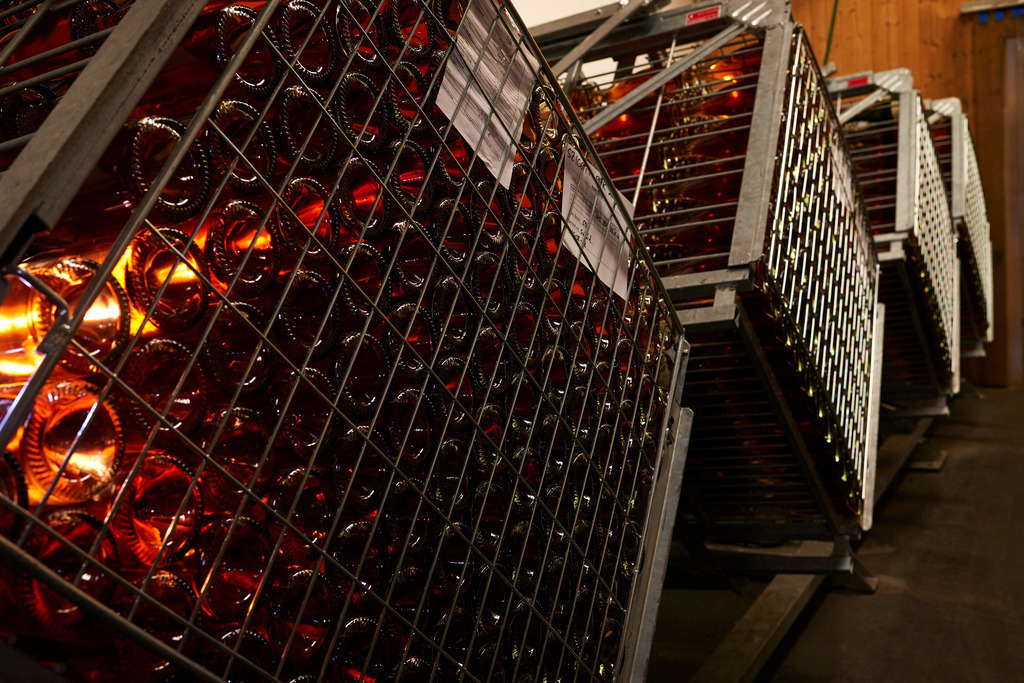 Sektkellerei Szigeti | Gols, Austria - February 19, 2018: Sektkellerei Szigeti; Automatisches Rütteln der Sektflaschen mit einer Gyropalette. - Realisiert mit Pictrs.com