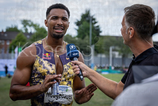 Multisport Event; Ratingen, 28.06.2026 | RATINGEN, GERMANY - JUNE 28, 2026 : Leo Neugebauer (GER / Germany) interviewed by Claus Lufen during the Multisport Event at Stadion Ratingen on June 28, 2026 in Ratingen, Germany.
