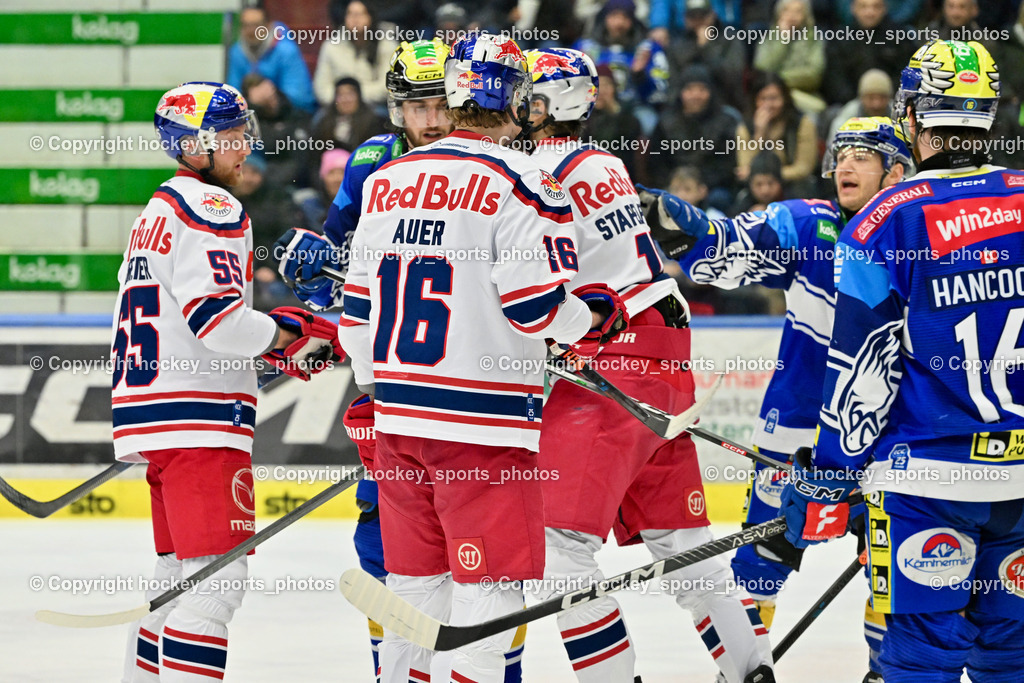 EC IDM WÄRMEPUMPEN VSV vs. EC Red Bull Salzburg | #55 Schreier Lukas EC Redbull Salzburg, #16 Auer Luca EC Redbull Salzburg, #8 Rebernig Maximilian EC VSV, #18 Stapelfeldt Paul EC Redbull Salzburg, #72 HUGHES John EC VSV, #16 HANCOCK Kevin EC VSV, EC IDM WÄRMEPUMPEN VSV vs. EC Red Bull Salzburg, EC IDM WÄRMEPUMPEN VSV vs. EC Red Bull Salzburg am 17.01.2025 in Villach (Stadthalle Villach), Austria, (Photo by Bernd Stefan)