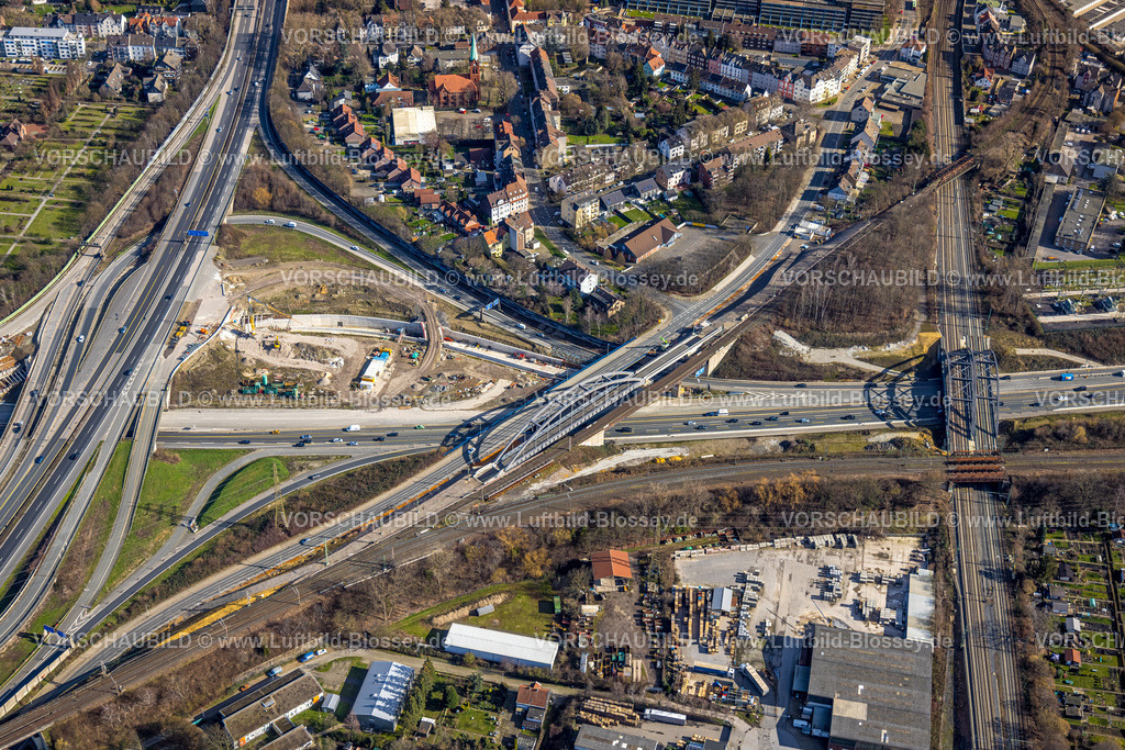 Herne230211906 | Luftbild, Großbaustelle Autobahnkreuz Herne der Autobahn A42 und Autobahn A43, mit Bau des Baukau-Tunnels, Baukau-West, Herne, Ruhrgebiet, Nordrhein-Westfalen, Deutschland