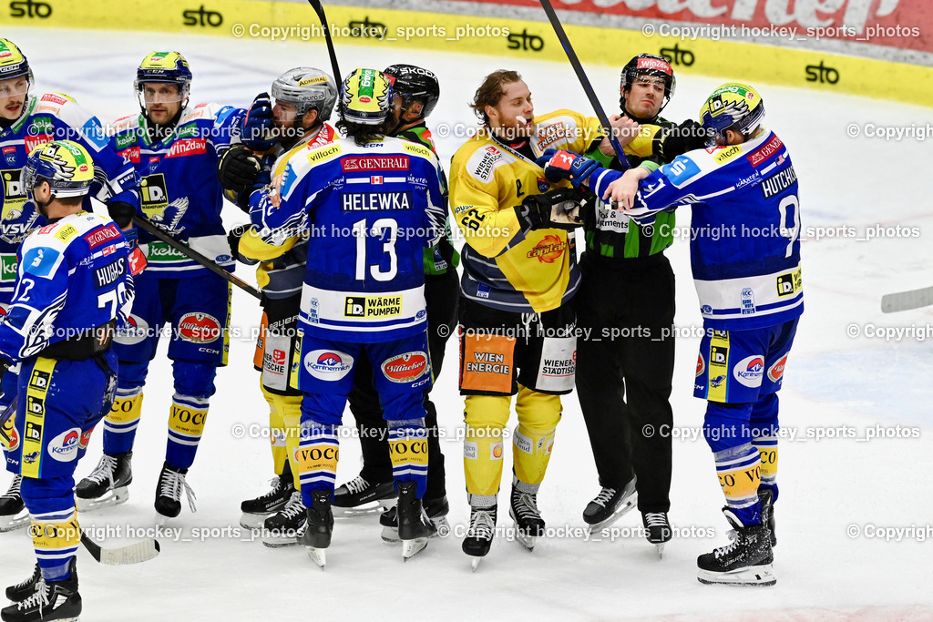EC IDM Wärmepumpen VSV vs. Vienna Capitals | #13 Adam Helewka EC VSV, #62 Mitch Hults Vienna Capitals, PUFF WOLFGANG Referee, #91 Nick Hutchison EC VSV, #42 Alex Wall EC VSV, EC IDM Wärmepumpen VSV vs. Vienna Capitals, EC IDM Wärmepumpen VSV vs. Vienna Capitals am 28.01.2026 in Villach (Stadthalle Villach), Austria, (Photo by Bernd Stefan)