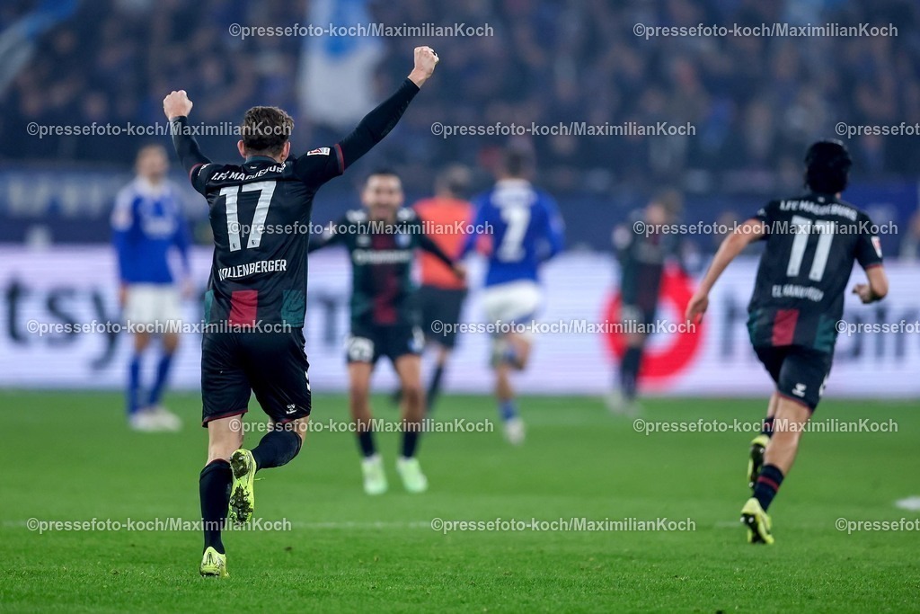 S0401022501044 | 01.02.2025, Fußball, FC Schalke 04 - 1. FC Magdeburg, 2.. Fußball Bundesliga, 20. Spieltag, Veltins-Arena Gelsenkirchen, Saison 2024 2025: Torjubel nach dem 2:0 durch Martijn Kaars (1.FC Magdeburg #9) Alexander Nollenberger (1.FC Magdeburg #17), Livan Burcu (1.FC Magdeburg #29), Mohammed El Hankouri (1.FC Magdeburg #11) jubelndDFB regulations prohibit any use of photographs as image sequences and or quasi-video.