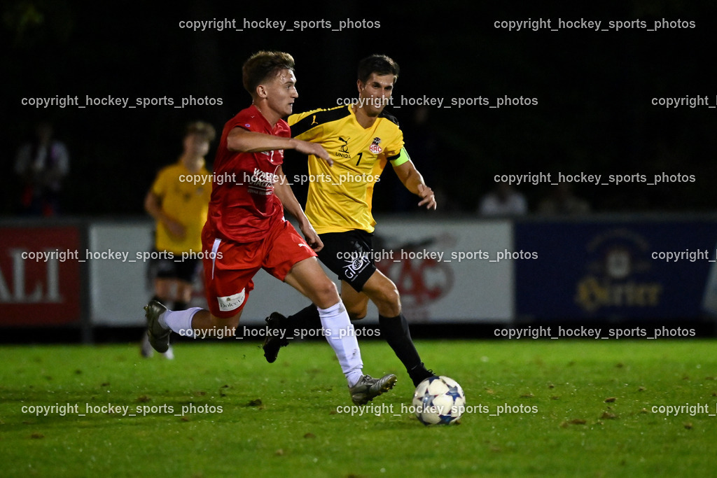FC KAC 1909 vs. FC Nussdorf Debant | #2 Tim Tassotti FC KAC, #7 Aleksandar Simic FC Nussdorf Debant, FC KAC 1909 vs. FC Nussdorf Debant, FC KAC 1909 vs. FC Nussdorf Debant am 19.09.2025 in Klagenfurt (Sportplatz KAC), Austria, (Photo by Bernd Stefan)