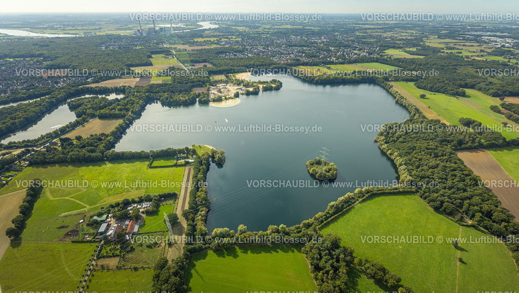 Huenxe250904172 | Luftbild, Tenderingssee und Strandbad, Kieswerk Hünxe, Insel im See, Bruckhausen, Hünxe, Ruhrgebiet, Nordrhein-Westfalen, Deutschland