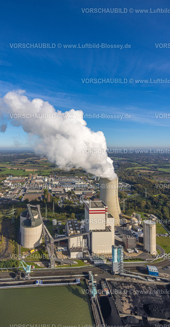 Luenen241011946 | Luftbild, Trianel Kohlekraftwerk Lünen, Kühlturm Lünen Stummhafen mit Dampfwolke, Remondis Werksgelände, Datteln-Hamm-Kanal, blauer Himmel, Lippholthausen, Lünen, Ruhrgebiet, Nordrhein-Westfalen, Deutschland