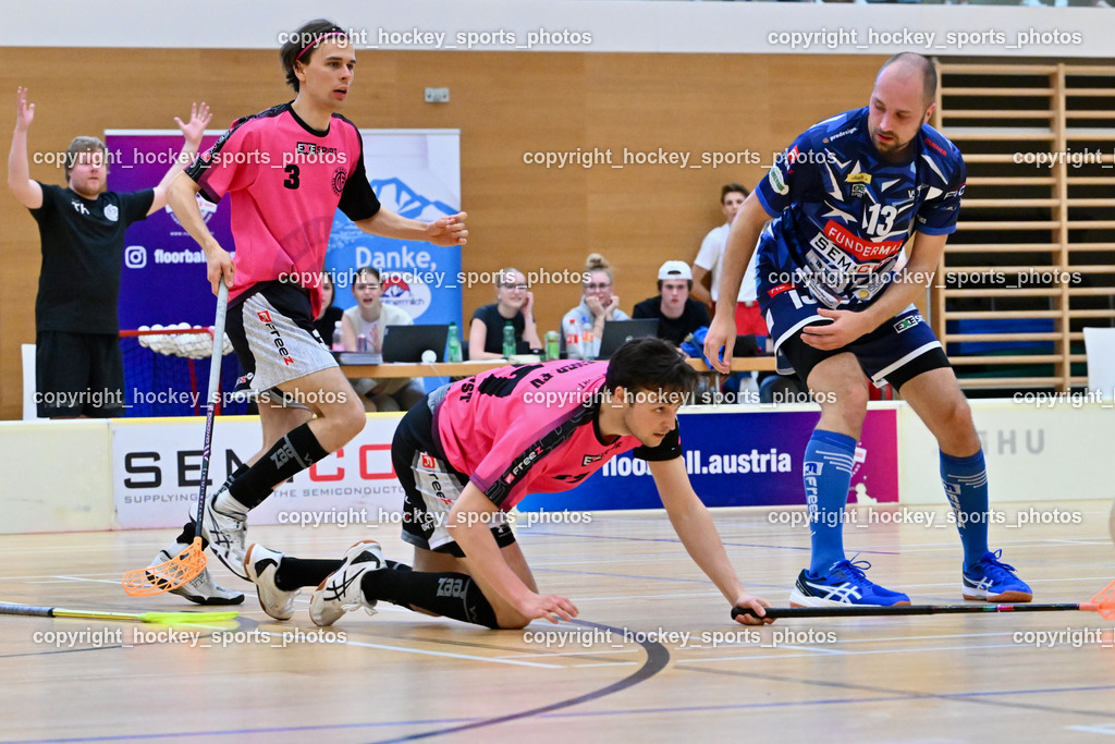 VSV Unihockey vs. Wiener Floorballferein 6.4.2024 | #3 Jesse Laukkanen Wiener Floorballverein,  #87 Christian Lindquist Wiener Floorballverein, #13 Jan Sláma VSV Unihockey, VSV Unihockey vs. Wiener Floorballferein 6.4.2024, VSV Unihockey vs. Wiener Floorballferein  am 06.04.2024 in Villach (Ballspielhalle St. Martin), Austria, (Photo by Bernd Stefan)