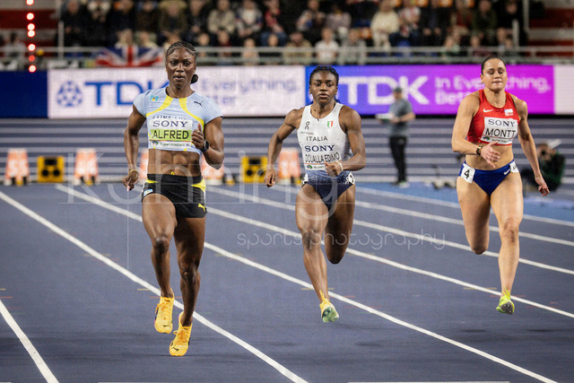 World Athletics Indoor Championships Kujawy Pomorze 26, 21.03.2026 | TORUN, POLAND - MARCH 21:  JJulien ALFRED (LCA), Kelly Ann Maevane DOUALLA EDIMO (ITA), Maria Ignacia MONTT (CHI) competing in the women's 60m 1st round during the World Athletics Indoor Championships Kujawy Pomorze 26 on day 2 / session 1 at Kujawsko-Pomorska Arena Torun on March 21, 2026 in Torun, Poland. 