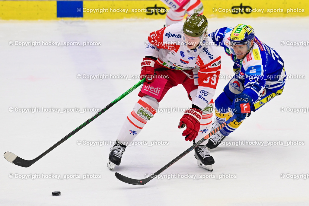 EC IDM Wärmepumpen VSV vs. HCB Südtirol Alperia | #39 Brett Pollock HCB Südtirol Alperia, #72 John Hughes EC VSV, EC IDM Wärmepumpen VSV vs. HCB Südtirol Alperia, EC IDM Wärmepumpen VSV vs. HCB Südtirol Alperia am 28.12.2025 in Villach (Stadthalle Villach), Austria, (Photo by Bernd Stefan)