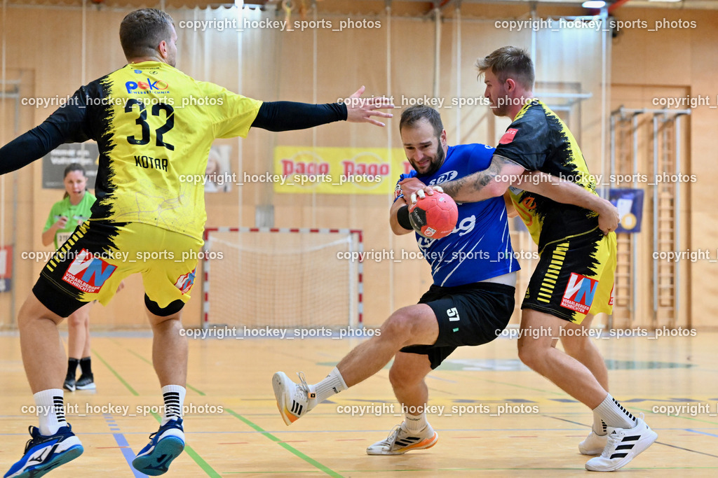SC Ferlach vs. Bregenz Handball | #32 KOTAR Matic Bregenz Handball, #57 LEBAN Patrik SC Ferlach, #11 Brombeis Matthias Bregenz Handball, SC Ferlach vs. Bregenz Handball, SC Ferlach vs. Bregenz Handball am 28.09.2024 in Ferlach (Ballspielhalle Ferlach), Austria, (Photo by Bernd Stefan)