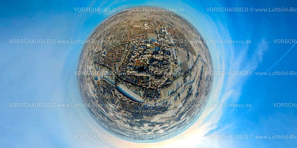 Hamm221290030MaxiParkWerries | Luftbild von Hamm im Schnee, winterlicher Maximilianpark, fisheye, Fisheye Aufnahme, Fischaugen Aufnahme, 360 Grad Aufnahme, Uentrop, Hamm, Ruhrgebiet, Nordrhein-Westfalen, Deutschland