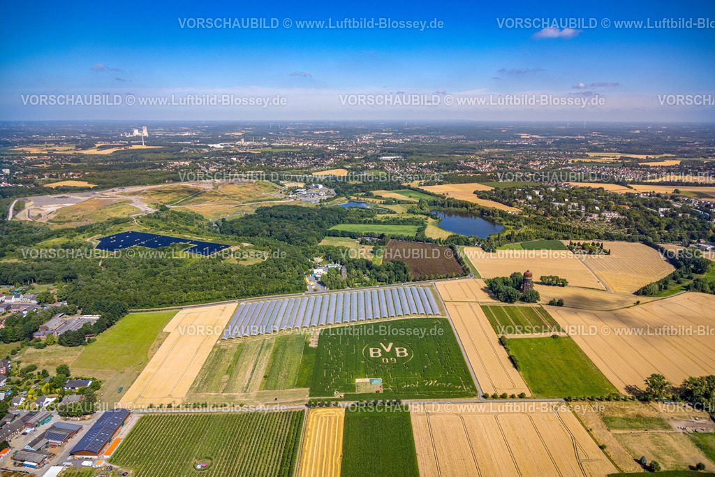 Dortmund220704103 | Luftbild, BVB Logo im Feld, Hof Mertin in Hostedde, Dortmund, Ruhrgebiet, Nordrhein-Westfalen, Deutschland