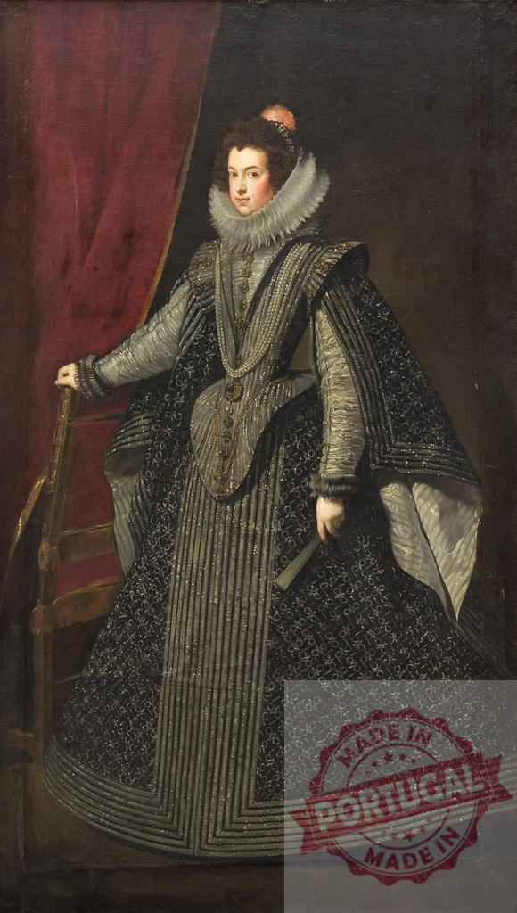 Diego Velazquez Baroque noblewoman posing in rich silver dress | Woman standing in an oil painting, wearing an elaborate ruff collar and holding a fan - Realized with Pictrs.com