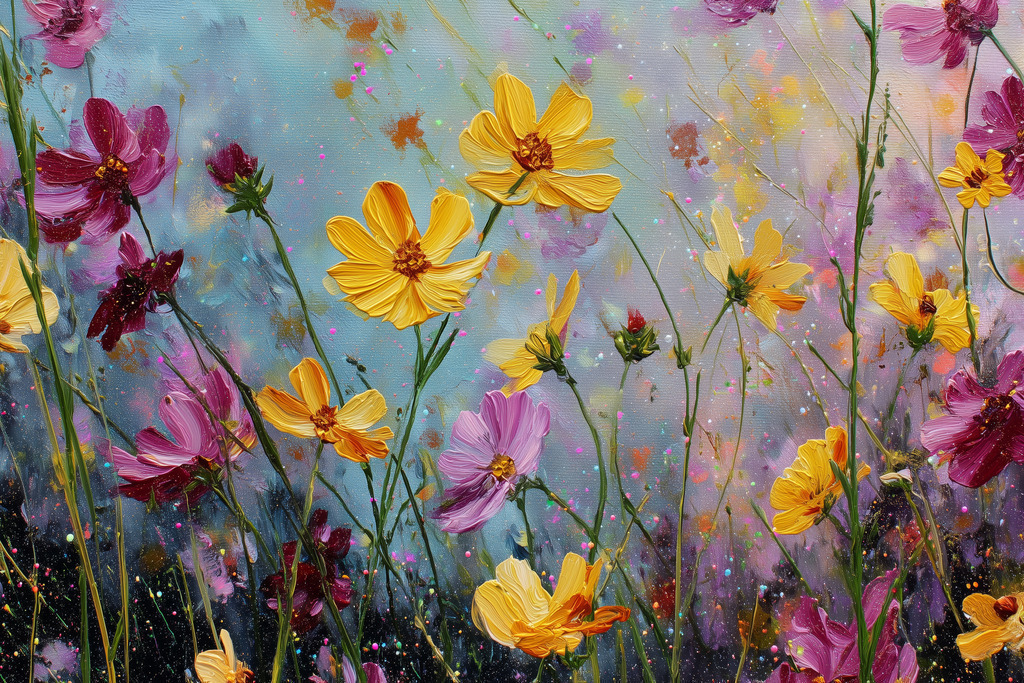 2506008 - Wiese aus Blumen und Licht | Zarte Blumen in Gelb, Violett und Rosa auf einer Wiese voller Farbe und Licht.Dieses moderne Wandbild bringt die Leichtigkeit des Sommers ins Haus – mit einer Komposition aus weichen Pinselschwüngen, Farbverläufen und feinen Strukturen.  