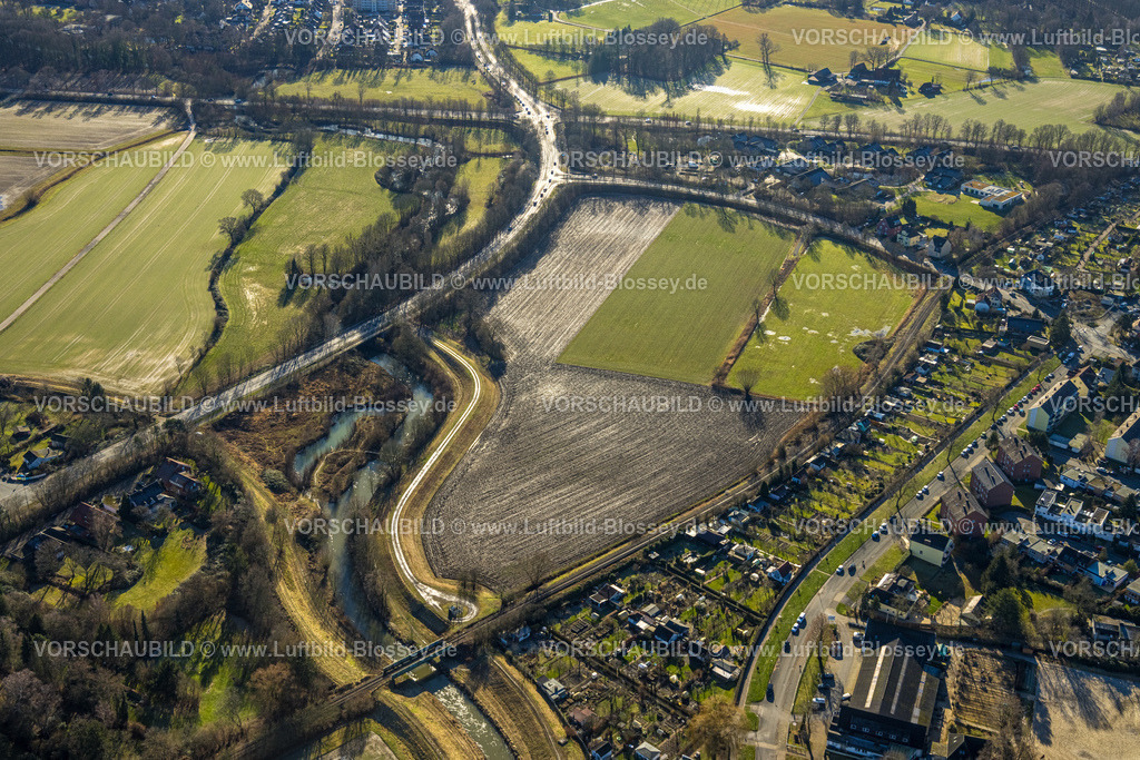 Hamm240105290 | Luftbild des ehemaligen Überschwemmungsgebietes zwischen Hohefeldweg und soester Strasse, ehemaliges Ahsehochwasser, Damm an der Soester Strase,  Uentrop, Hamm, Ruhrgebiet, Nordrhein-Westfalen, Deutschland