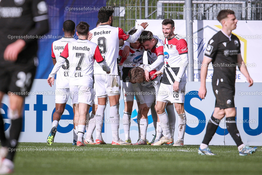 Koe3Liga24022402095 | 24.02.2024, Köln, Fußball, bwin 3. Liga Herren, Sportpark Höhenberg, 27. Spieltag, Saison 2023 2024, FC Viktoria Köln – SV Sandhausen: Torjubel nach dem 2:1 durch Luca Marseiler (Viktoria Köln).
DFB regulations prohibit any use of photographs as image sequences and or quasi-video.