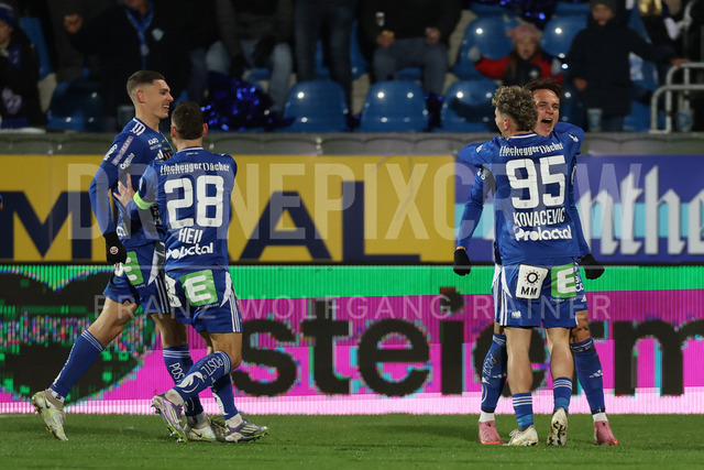 TSV Egger Glas Hartberg vs SV Oberbank Ried – Austrian Bundesliga Match | The image shows Elias Havel (Hartberg), Juergen Heil (Hartberg), Lukas Fridrikas (Hartberg) and Damjan Kovacevic (Hartberg) rejoicing the goal, at the Bundesliga match TSV Hartberg vs SV Ried at Profertil Arena Hartberg. 22.11.2025