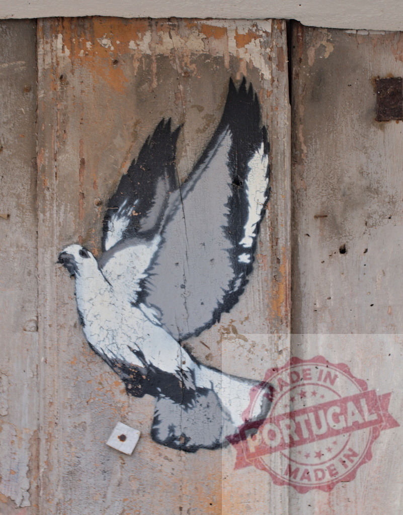 Banksy style stenciled dove on weathered wooden wall | Stenciled pigeon or dove symbolizing peace painted on a distressed wooden fence - Realisiert mit Pictrs.com