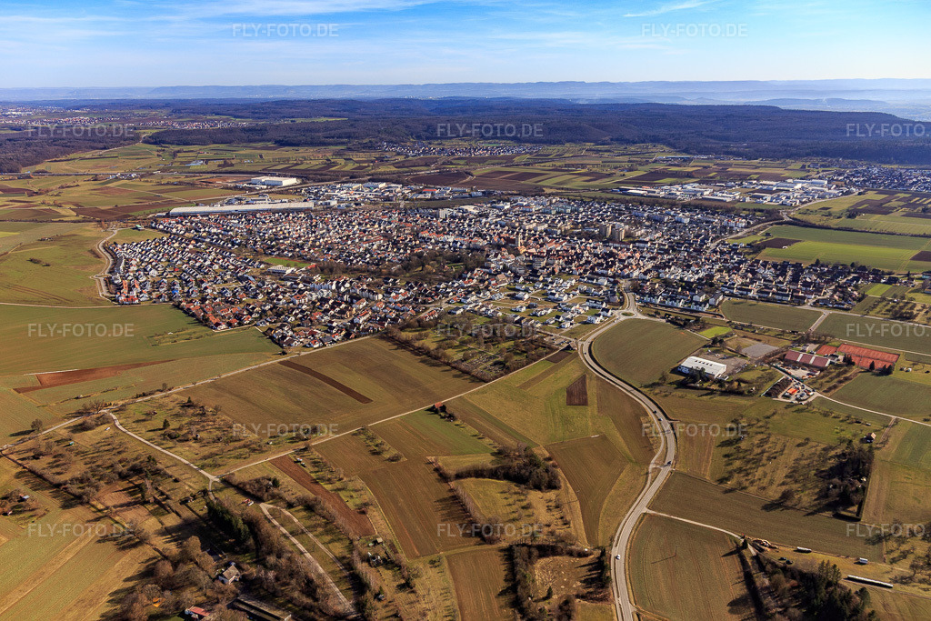 Luftbild: Ortsansicht aus Nordwesten in Gärtringen im Bundesland Baden-Württemberg in Deutschland. Foto: IMG_125129.jpg vom 20.02.2021 durch Werner Riehm/FLY-FOTO.de