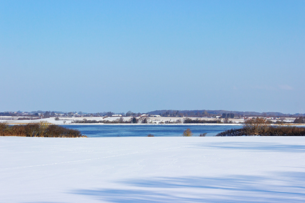 Wandbild: Malerischer Wintertag in Winnemark an der Schlei | Dieses Wandbild im Querformat zeigt einen schönen Wintertag in Winnemark an der Schlei. Im vorderen Bereich befindet sich ein verschneites Feld. Direkt dahinter befindet sich die Schlei. Der blaue Himmel ist fast wolkenlos. - Realisiert mit Pictrs.com