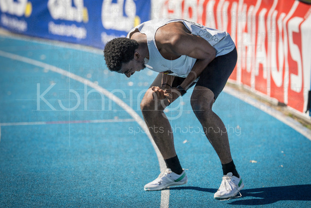 Juniorengala 2026; Mannheim, 13.06.2026 | MANNHEIM, GERMANY - JUNE 13, 2026 :  Akira Eghagha (SUI/Switzerland) reacts in the men’s U20 A-Final 100m during the Juniorengala 2026 at Michael-Hoffmann-Stadion on June 13, 2026 in Mannheim, Germany.