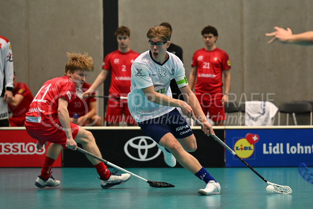 Switzerland B U19 vs Finland U19 - 2. February 2024 | Switzerland B U19 vs Finland U19
U19 Men International Matches in Switzerland
GoEasy Arena, Siggenthal Station
Finland forward #22 Ville Heiska against Switzerland forward #11 Andrin Möckli.
Credit: Markus Aeschimann | <a href="https://www.markus-aeschimann.ch">Sportfotografie Markus Aeschimann</a> | <a href="https://www.instagram.com/sportfotografie.aeschimann">@sportfotografie.aeschimann</a> - Realisiert mit Pictrs.com
